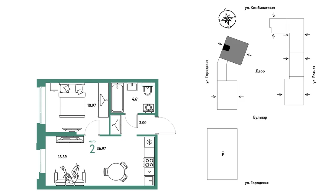 Планировка 2-комн. квартира, 36.97 м² ЖК «Уральский сад»