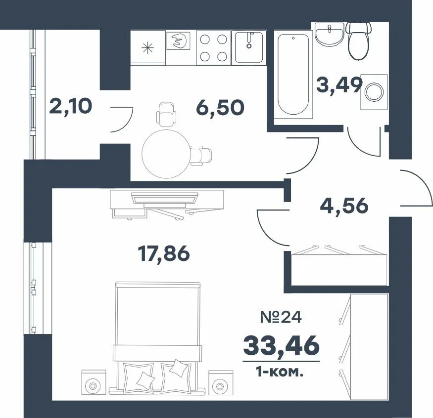 Планировка 1-комн. квартира, 33.46 м² ЖК «мкр. Долина»