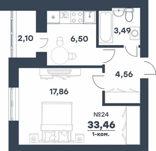 Планировка 1-комн. квартира, 33.46 м² ЖК «мкр. Долина»
