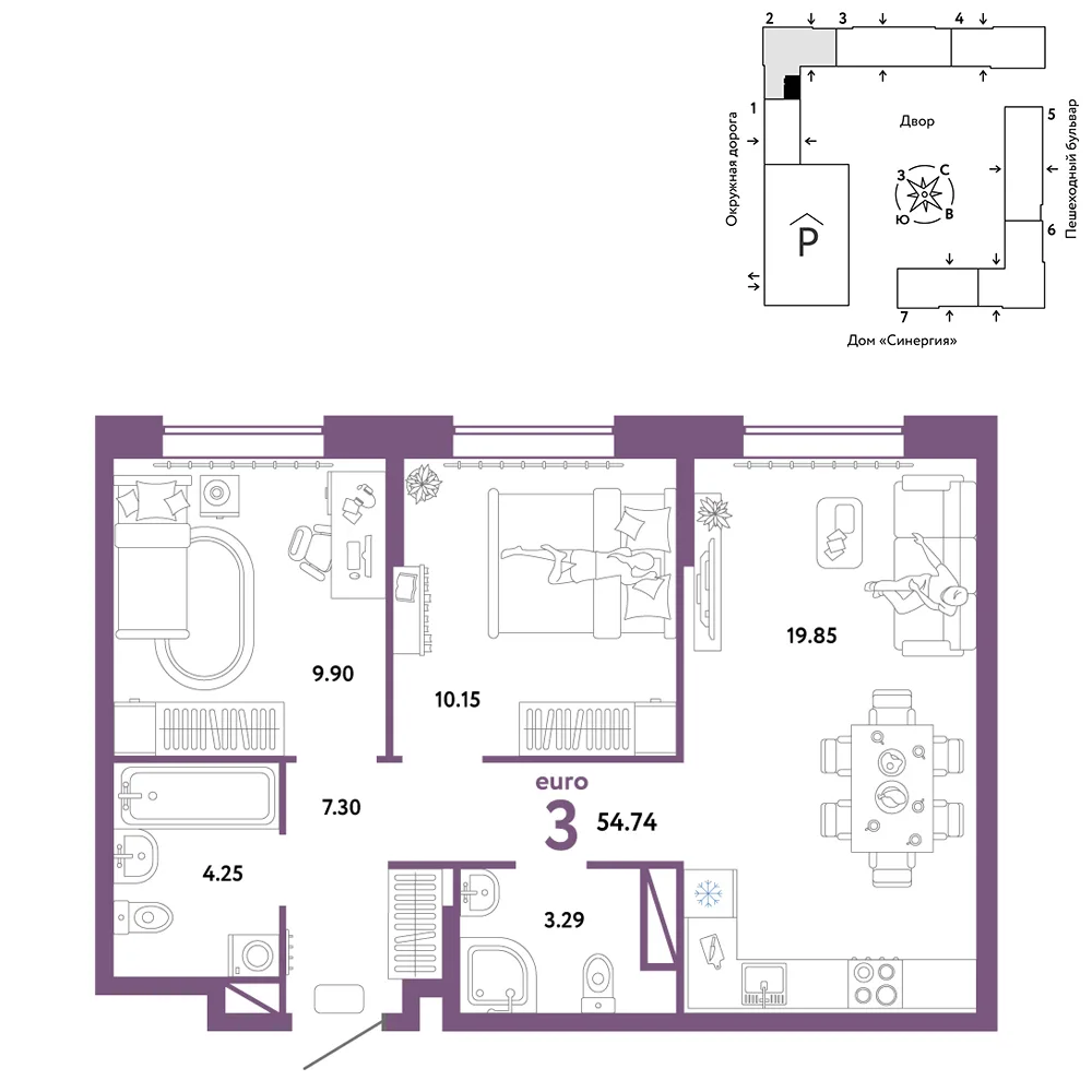 Планировка 3-комн. квартира, 54.74 м² ЖК «Юнион»