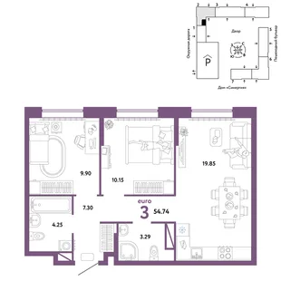 Планировка 3-комн. квартира, 54.74 м² ЖК «Юнион»