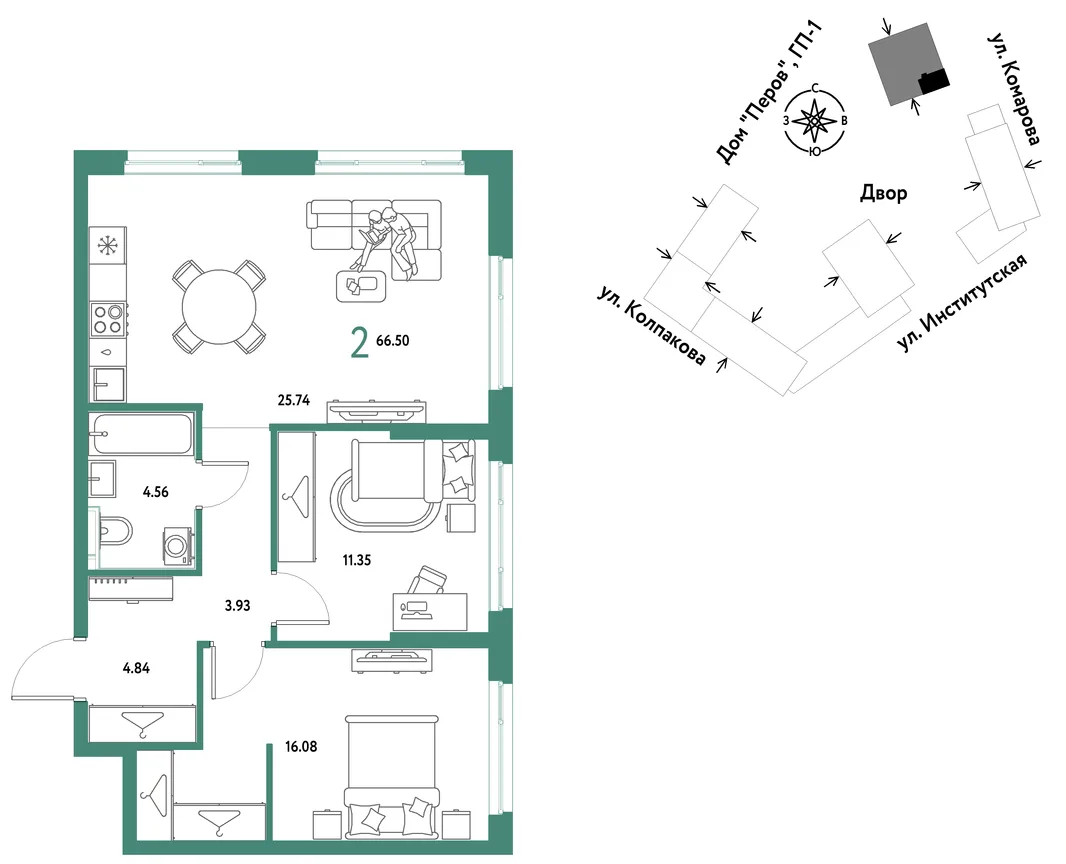 Планировка 2-комн. квартира, 66.5 м² ЖК «Страна.Парковая»