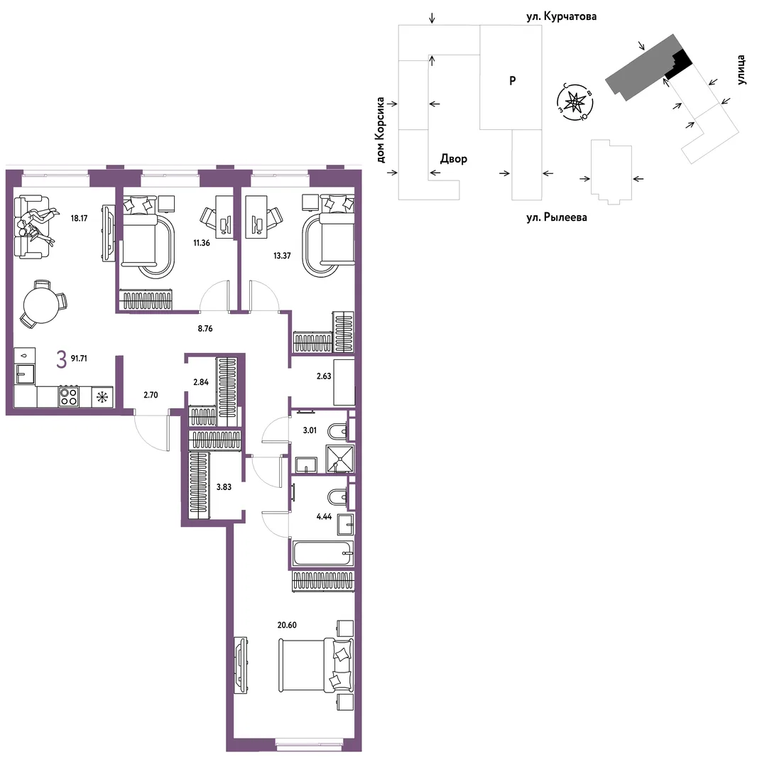 Планировка 3-комн. квартира, 92.16 м² ЖК «Остров-сад»