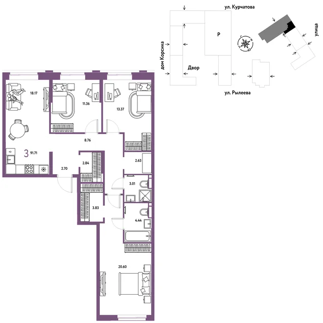 Планировка 3-комн. квартира, 92.16 м² ЖК «Остров-сад» Планировка 3-комн. квартира, 92.16 м² ЖК «Остров-сад»