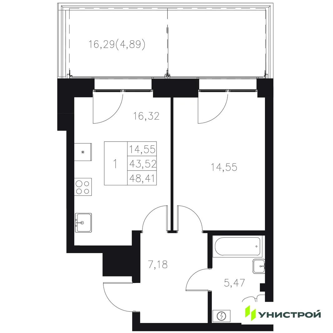 Планировка 1-комн. квартира, 48.41 м² ЖК «Statum»