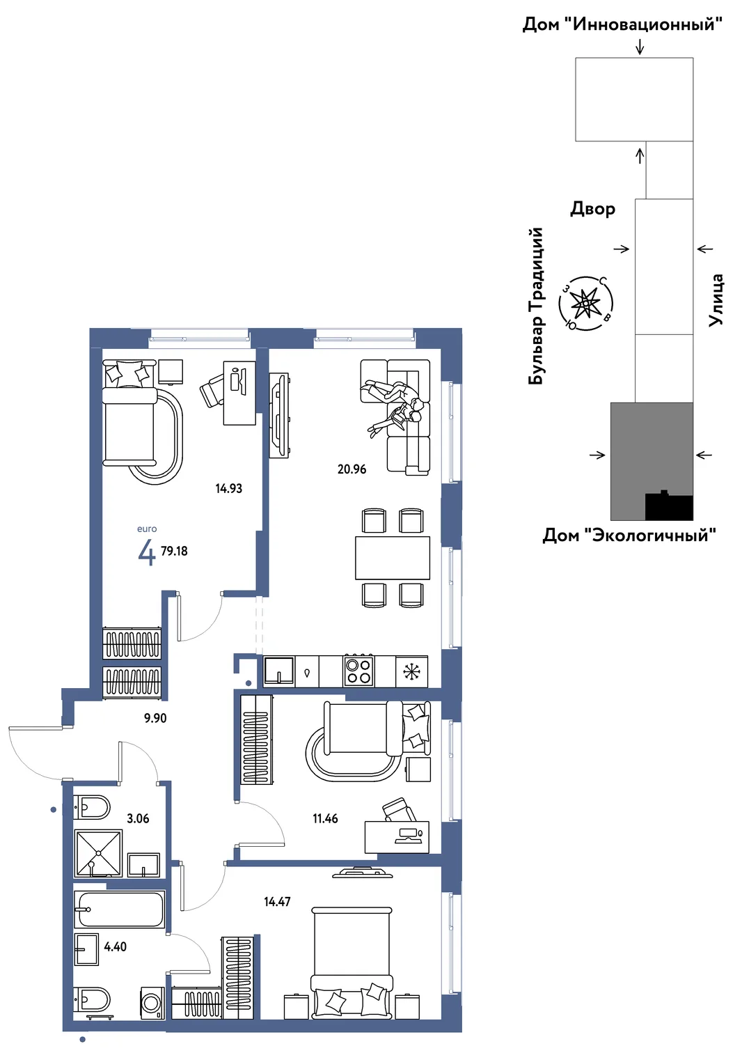 Планировка 4-комн. квартира, 79.18 м² ЖК «Микрорайон Домашний»