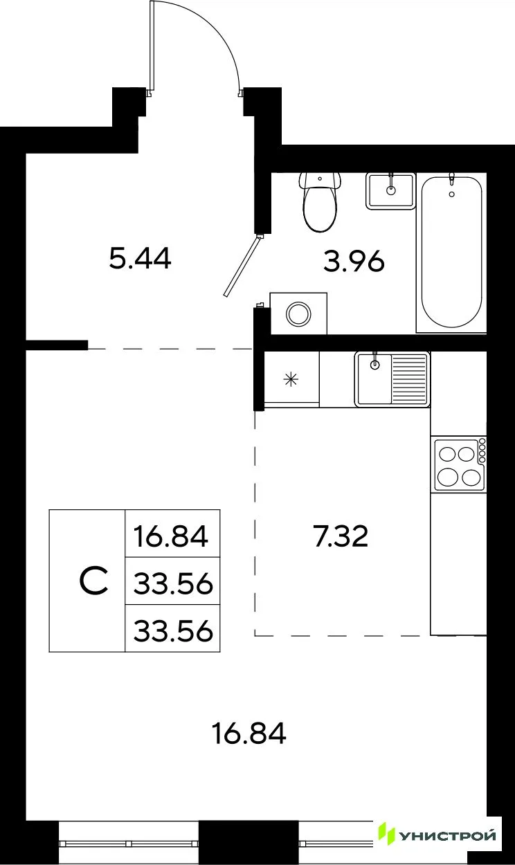 Планировка 1-комн. квартира, 33.56 м² ЖК «Уникод На Залесной»