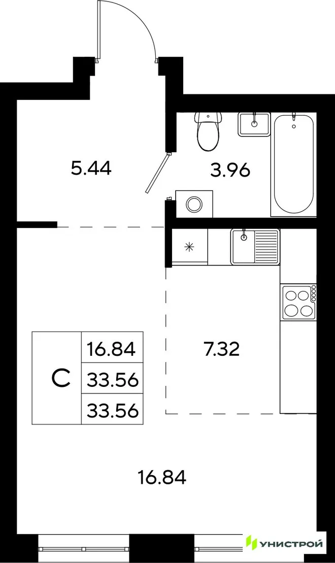 Планировка 1-комн. квартира, 33.56 м² ЖК «Уникод На Залесной»