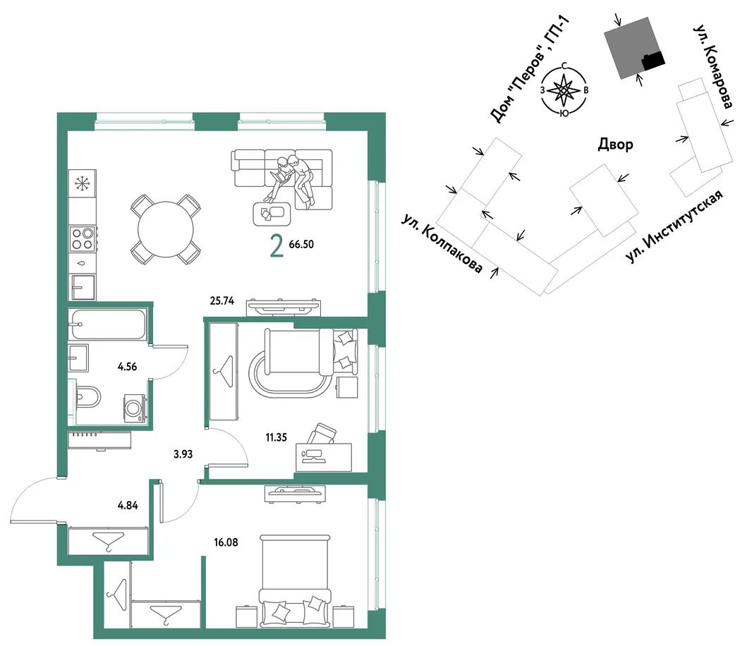 Планировка 2-комн. квартира, 66.5 м² ЖК «Страна.Парковая»