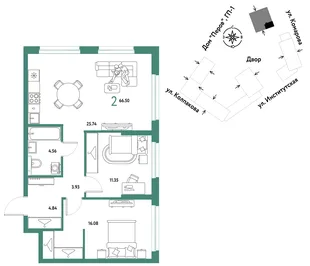 Планировка 2-комн. квартира, 66.5 м² ЖК «Страна.Парковая»