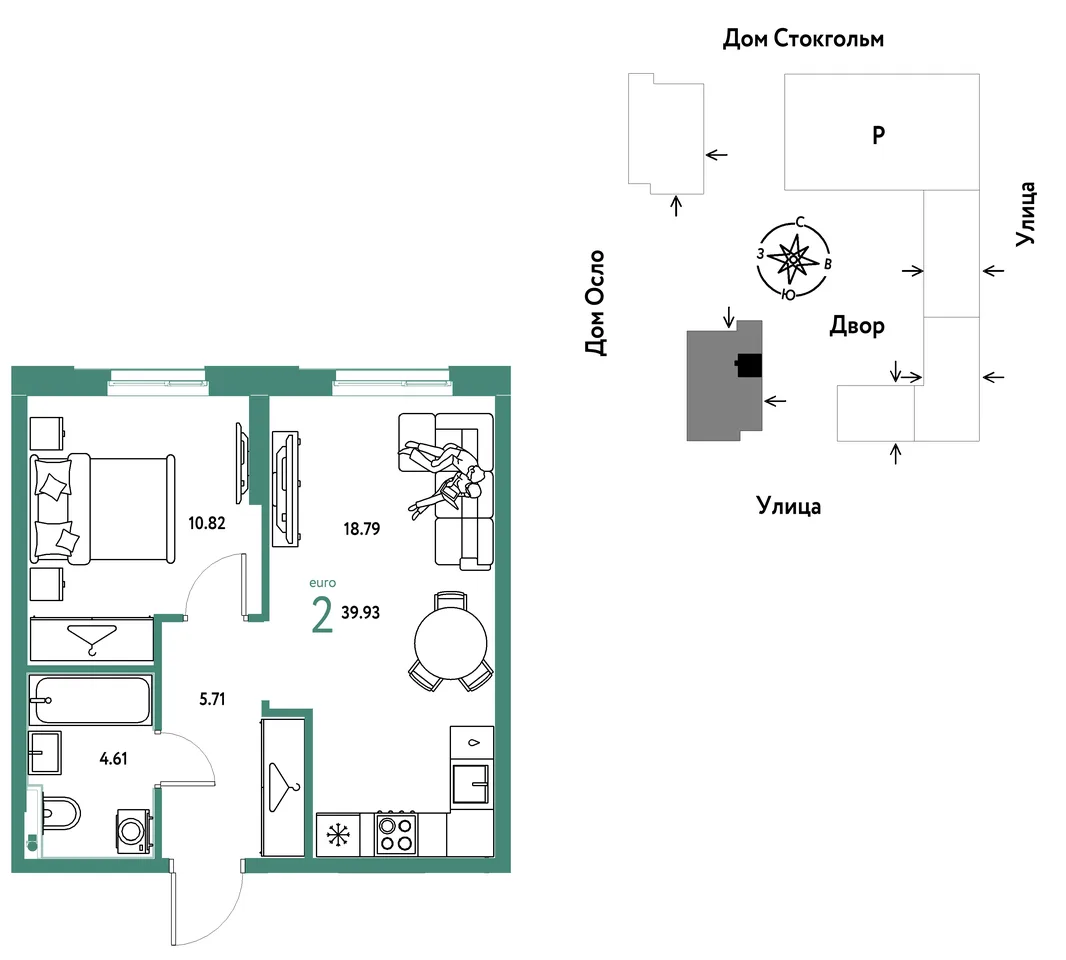 Планировка 2-комн. квартира, 39.93 м² ЖК «Европейский берег 2.0»
