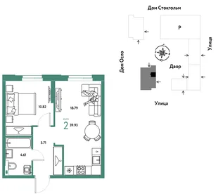 Планировка 2-комн. квартира, 39.93 м² ЖК «Европейский берег 2.0»