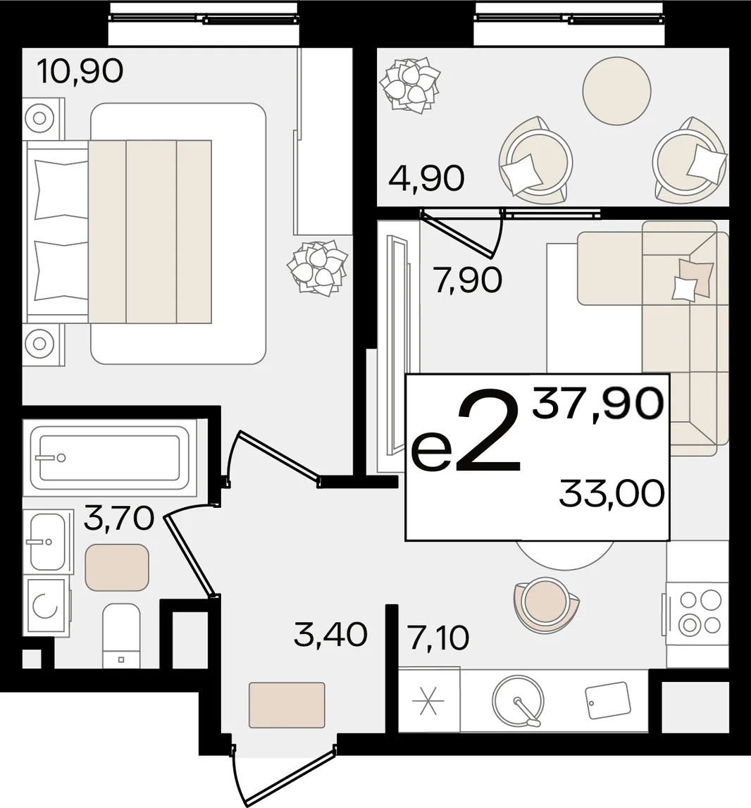 Планировка 2-комн. квартира, 37.9 м² ЖК «Патрики»