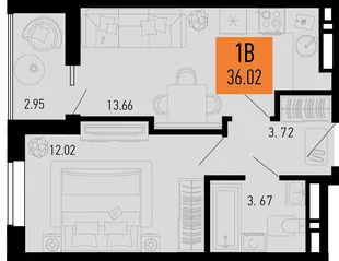 Планировка 1-комн. квартира, 36.02 м² ЖК «Столицыно»