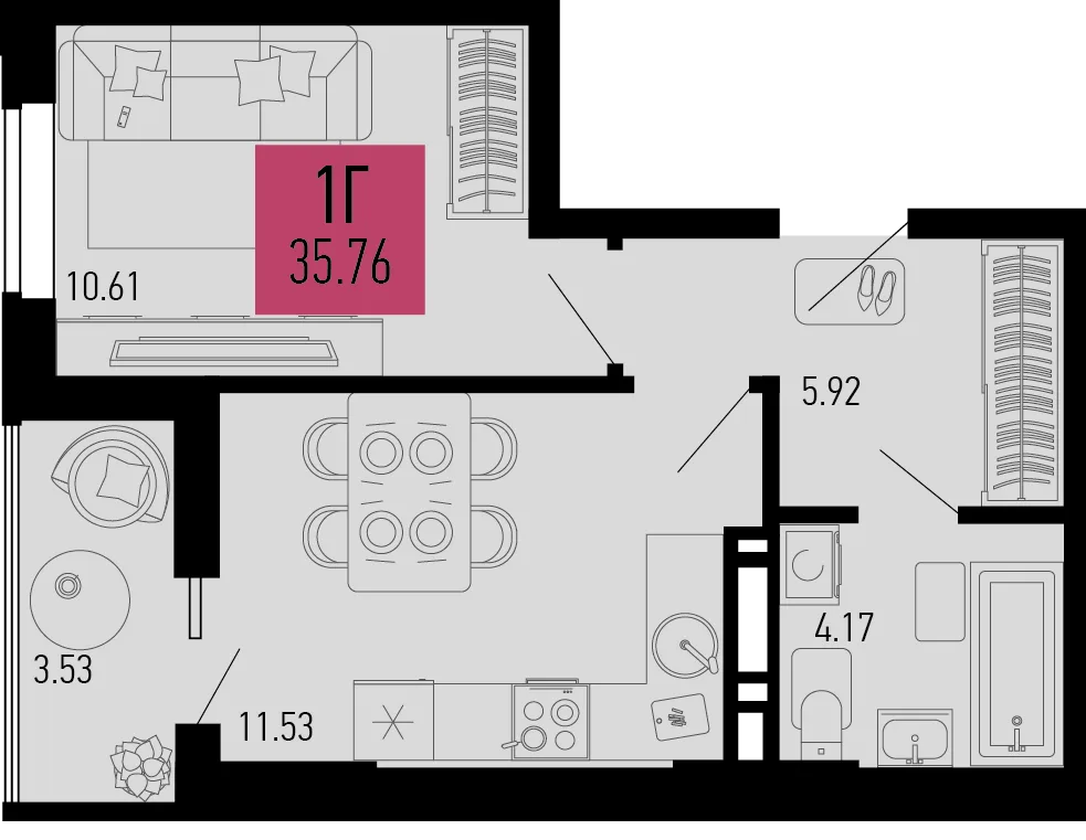 Планировка 1-комн. квартира, 35.76 м² ЖК «Столицыно»