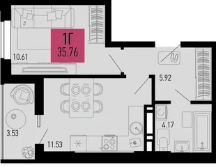 Планировка 1-комн. квартира, 35.76 м² ЖК «Столицыно»