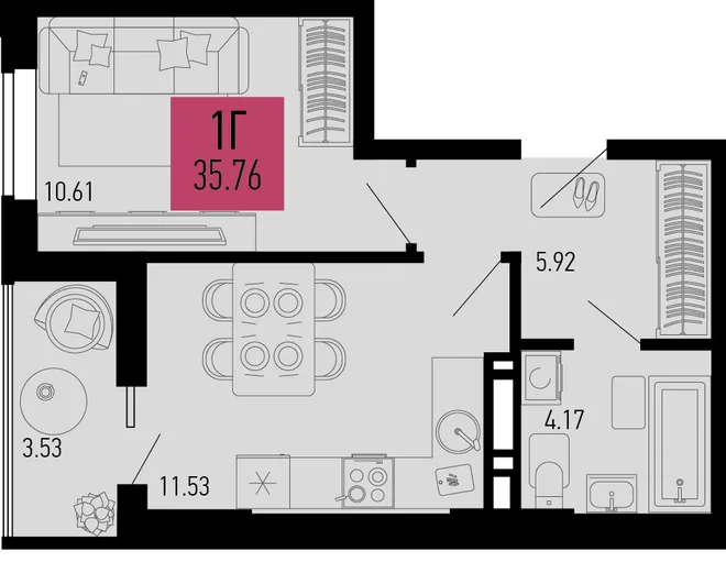 Планировка 1-комн. квартира, 35.76 м² ЖК «Столицыно» Планировка 1-комн. квартира, 35.76 м² ЖК «Столицыно»