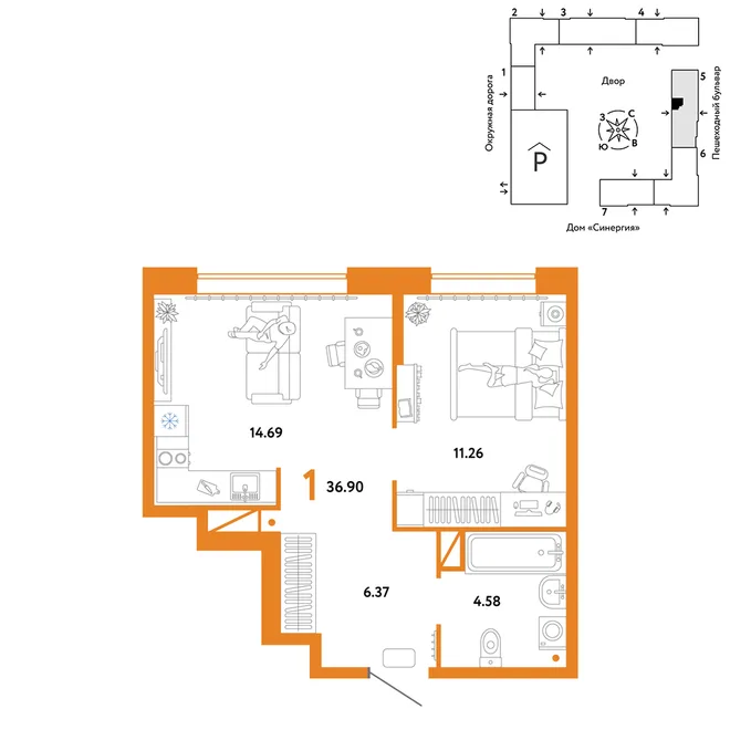 Планировка 1-комн. квартира, 36.9 м² ЖК «Юнион»