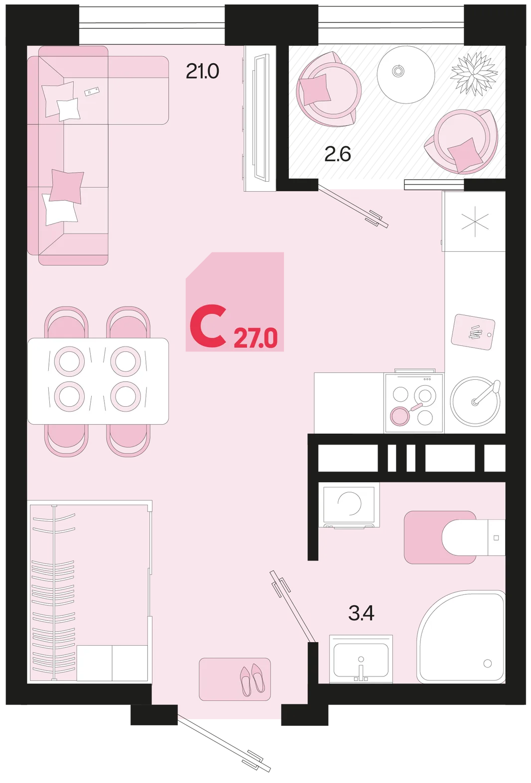 Планировка Студия, 27 м² ЖК «Первое место»