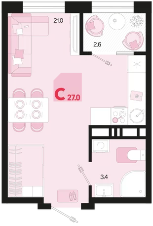 Планировка Студия, 27 м² ЖК «Первое место»