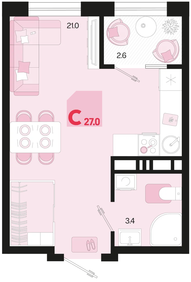 Планировка Студия, 27 м² ЖК «Первое место» Планировка Студия, 27 м² ЖК «Первое место»