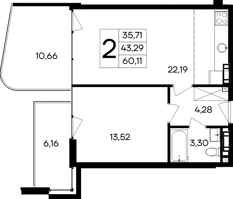 Планировка 2-комн. квартира, 60.11 м² Курортный кластер «САГА»