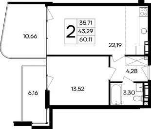 Планировка 2-комн. квартира, 60.11 м² Курортный кластер «САГА»