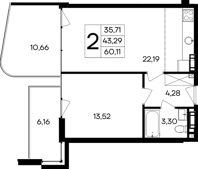 Планировка 2-комн. квартира, 60.11 м² Курортный кластер «САГА»