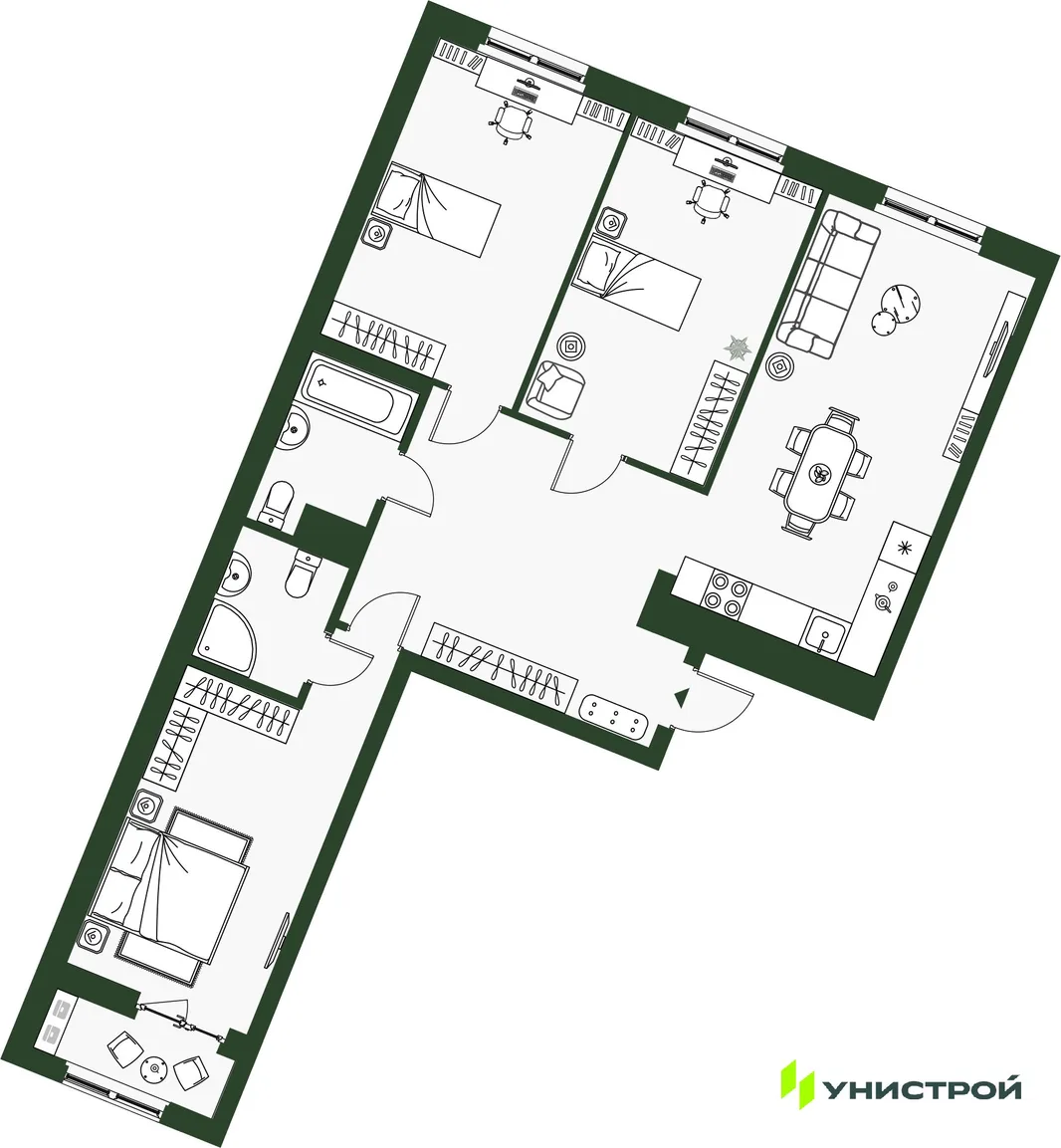 Планировка 3-комн. квартира, 91.99 м² ЖК «Парковый квартал 2.0»
