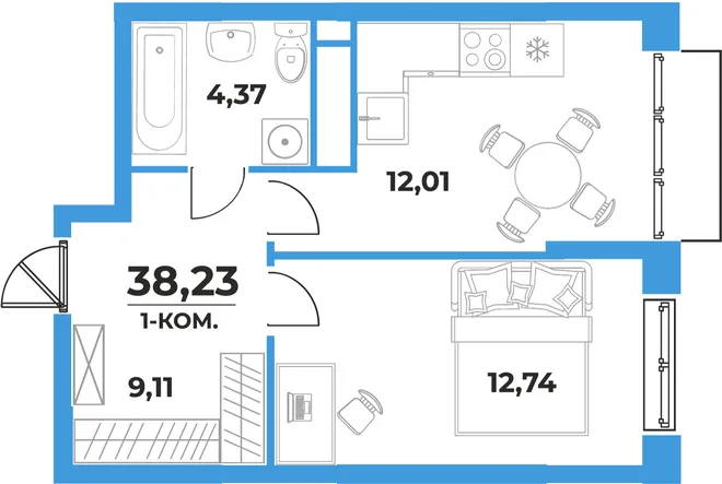 Планировка 1-комн. квартира, 38.23 м² ЖК «На семи холмах» Планировка 1-комн. квартира, 38.23 м² ЖК «На семи холмах»