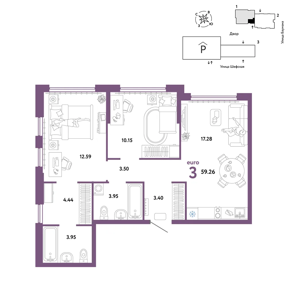 Планировка 3-комн. квартира, 59.26 м² ЖК «Страна.Энтузиастов»