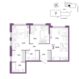 Планировка 3-комн. квартира, 59.26 м² ЖК «Страна.Энтузиастов»