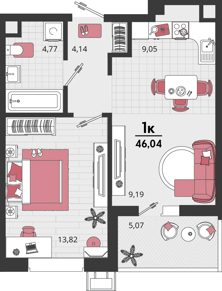 Планировка 2-комн. квартира, 46.04 м² ЖК «Родные просторы»