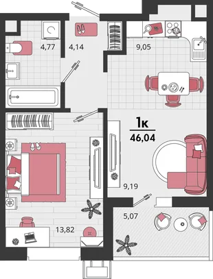 Планировка 2-комн. квартира, 46.04 м² ЖК «Родные просторы»