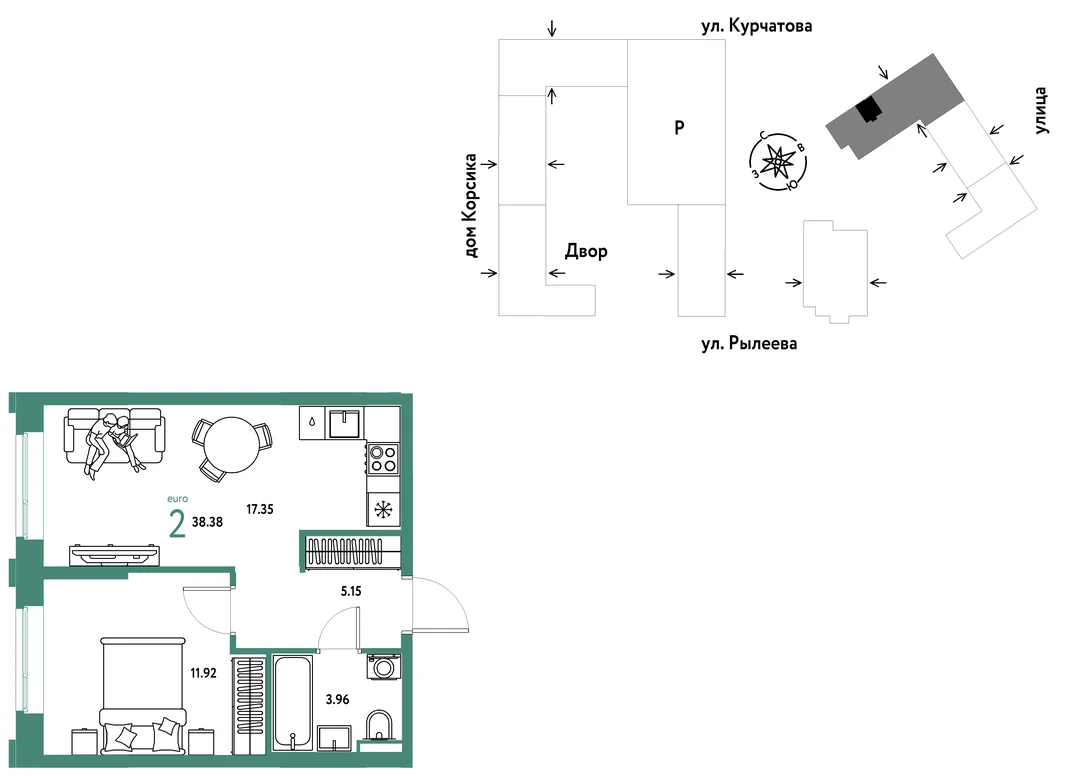 Планировка 2-комн. квартира, 38.71 м² ЖК «Остров-сад»