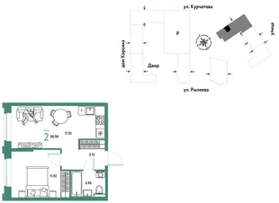 Планировка 2-комн. квартира, 38.71 м² ЖК «Остров-сад»