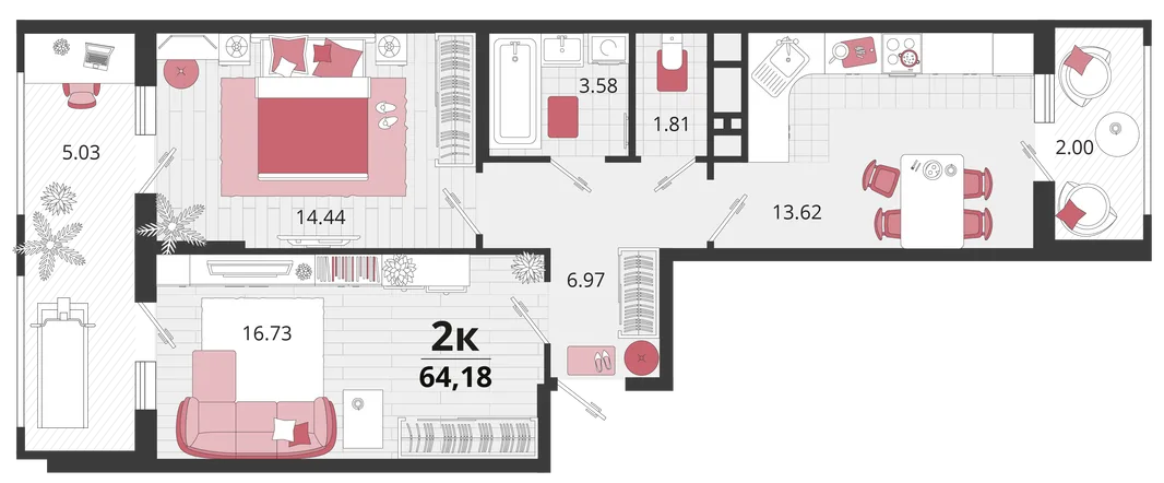 Планировка 2-комн. квартира, 64.45 м² ЖК «Родные просторы»