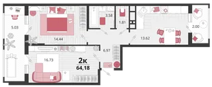 Планировка 2-комн. квартира, 64.45 м² ЖК «Родные просторы»