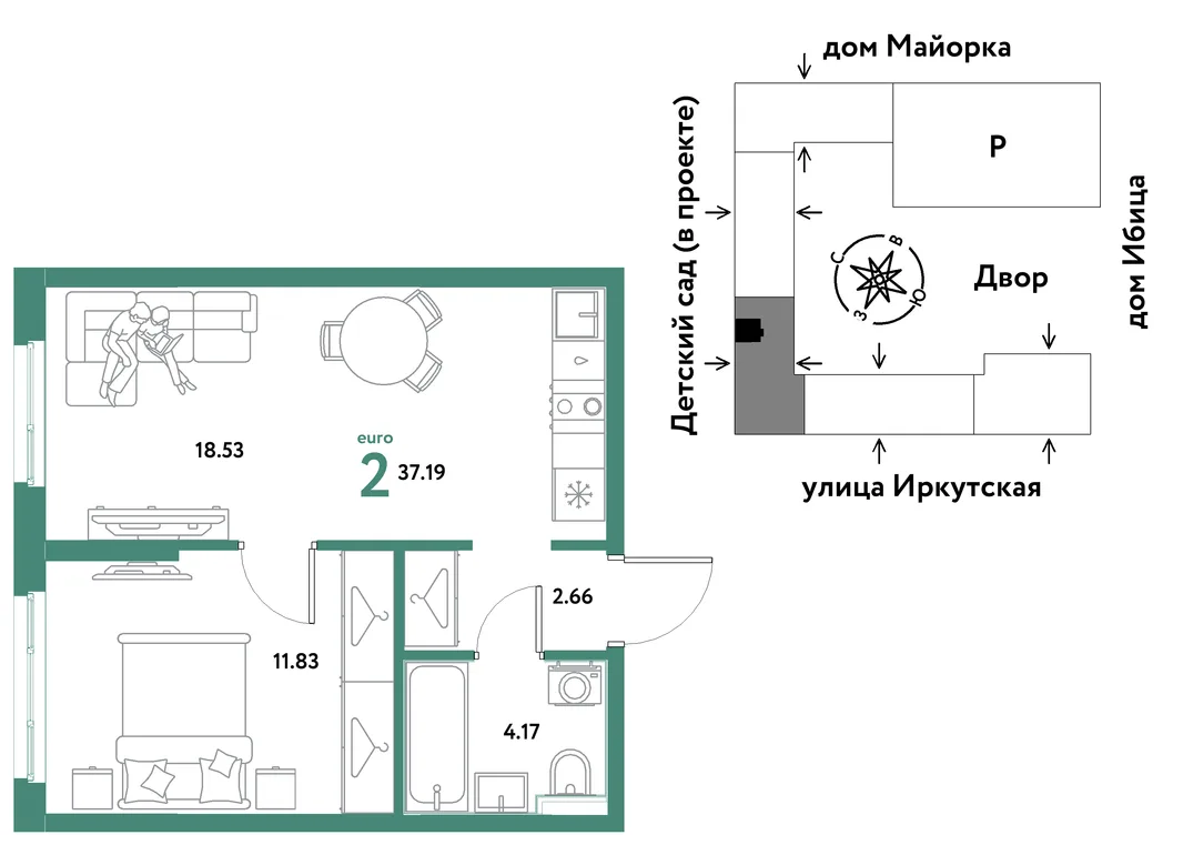 Планировка 2-комн. квартира, 37.19 м² ЖК «Остров-сад»