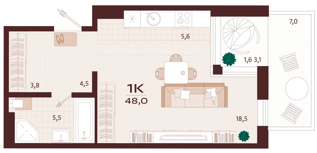 Планировка 1-комн. квартира, 48 м² ЖК «Роялта»