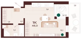 Планировка 1-комн. квартира, 48 м² ЖК «Роялта»