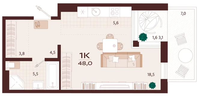 Планировка 1-комн. квартира, 48 м² ЖК «Роялта» Планировка 1-комн. квартира, 48 м² ЖК «Роялта»