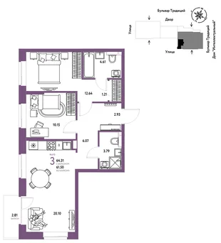 Планировка 3-комн. квартира, 64.31 м² ЖК «Микрорайон Домашний»