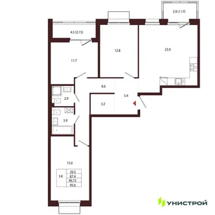 Планировка 3-комн. квартира, 90.72 м² ЖК «Лисино»