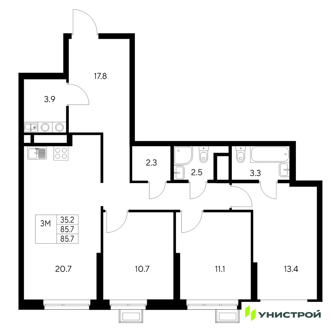 Планировка 3-комн. квартира, 85.7 м² ЖК «Стадиум»