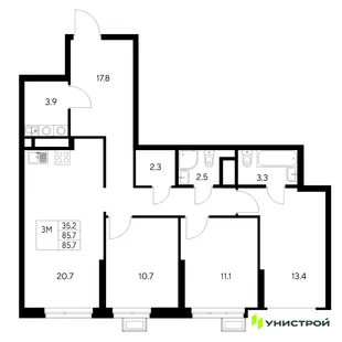 Планировка 3-комн. квартира, 85.7 м² ЖК «Стадиум»