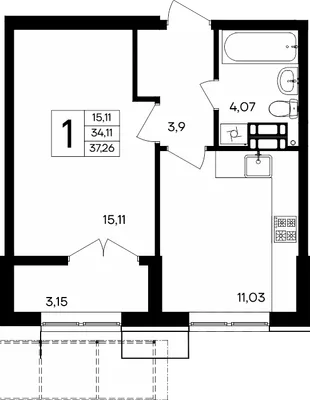 Планировка 1-комн. квартира, 37.26 м² ЖК «Семисчастье»