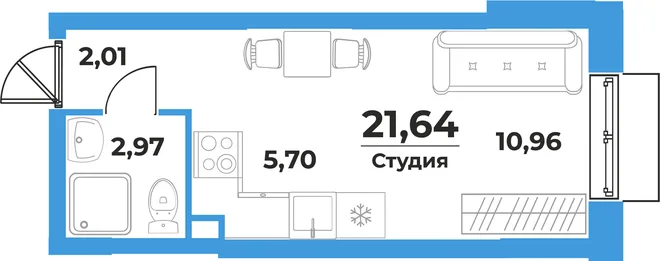 Планировка Студия, 21.64 м² ЖК «На семи холмах» Планировка Студия, 21.64 м² ЖК «На семи холмах»