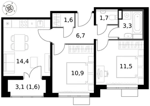 Квартира 2-комн. квартира, 51.7 м² ЖК «1-й Саларьевский» Фото 1 Квартира 2-комн. квартира, 51.7 м² ЖК «1-й Саларьевский» Фото 1