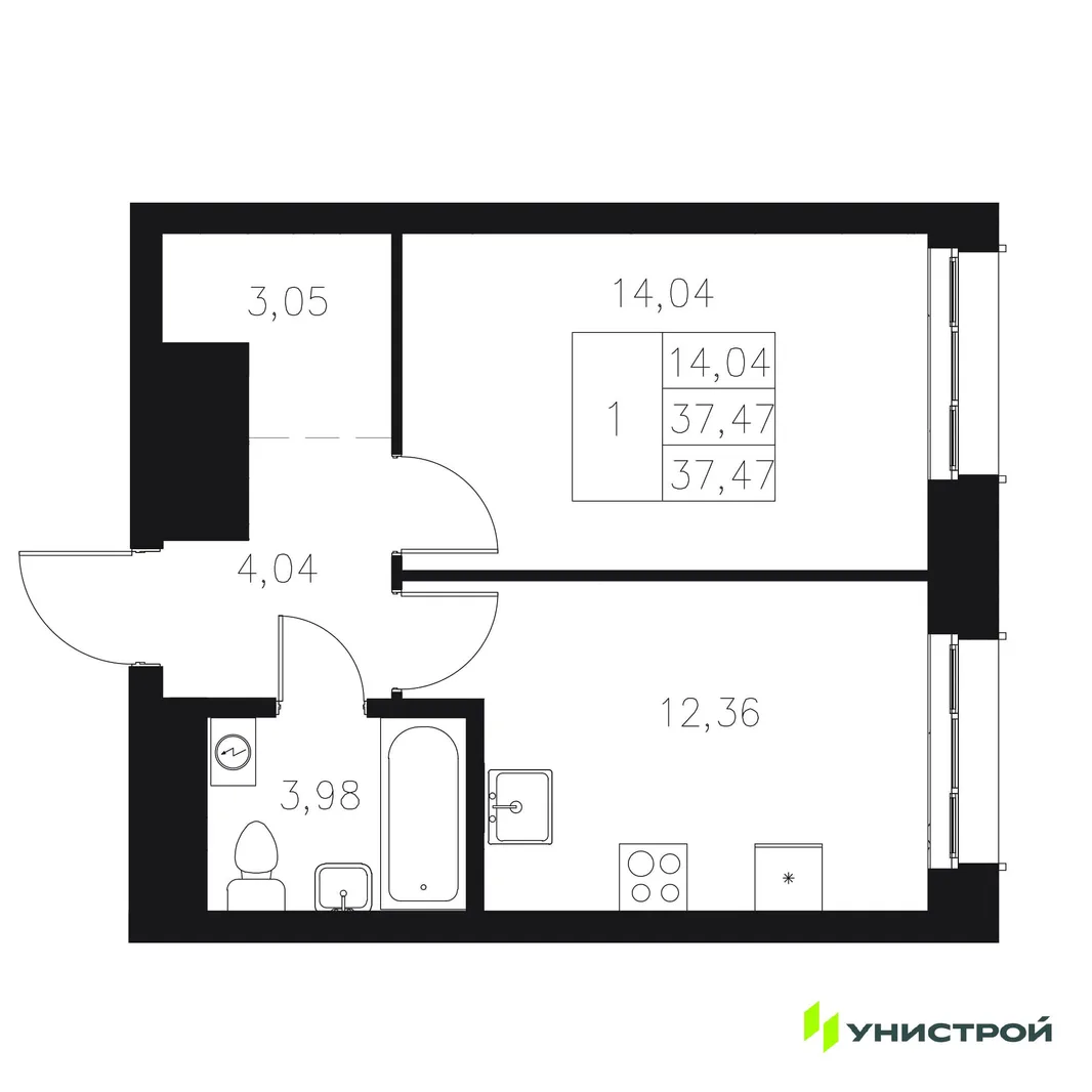 Планировка 1-комн. квартира, 37.47 м² ЖК «Statum»